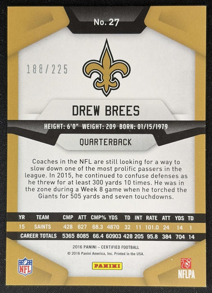 Drew Brees 2016 Panini Certified Mirror Orange /225 Saints Sports Trading Cards