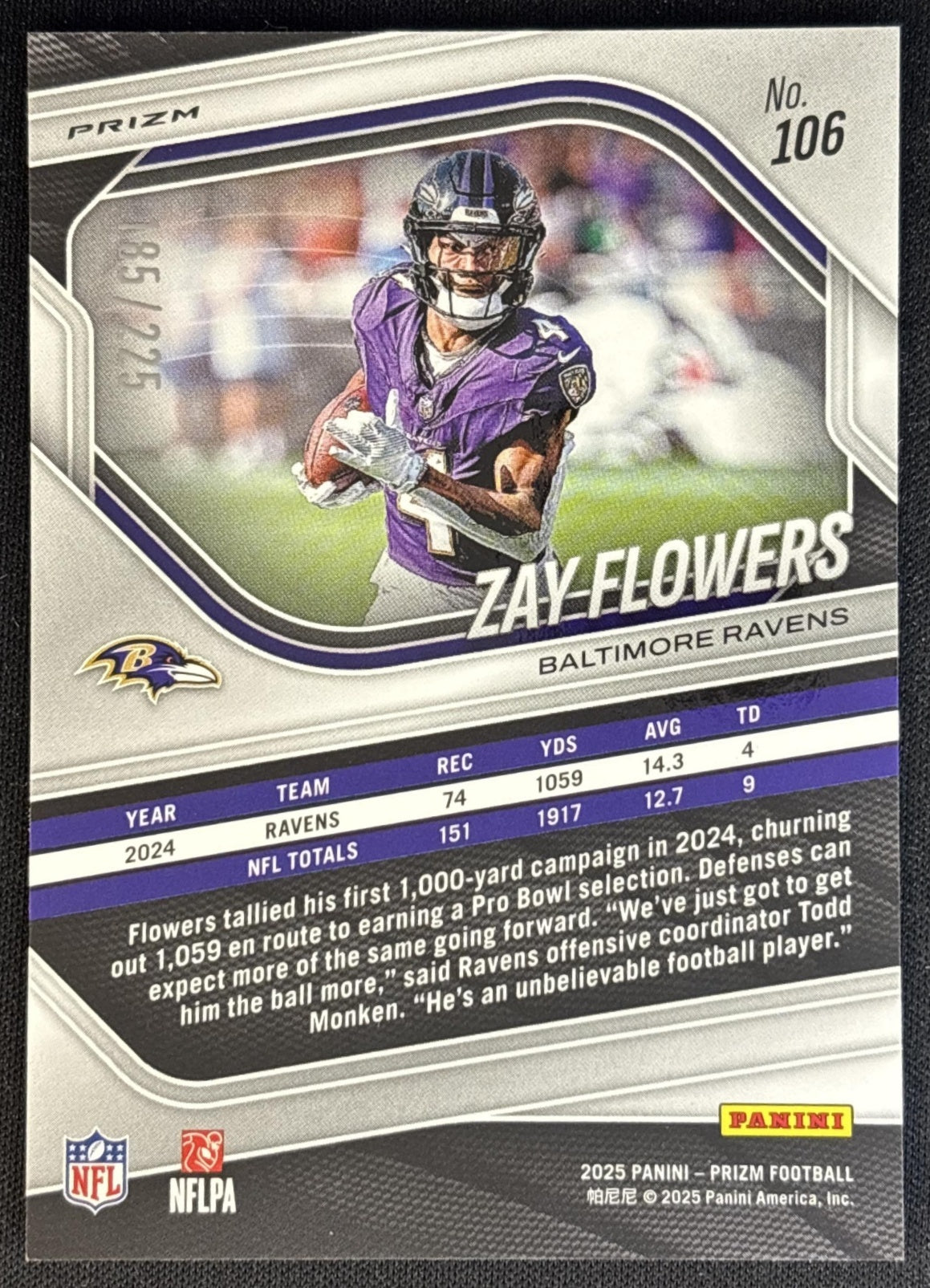 Zay Flowers 2025 Panini Prizm Purple Ice /225 Ravens Football
