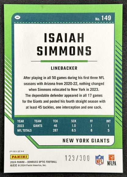 Isaiah Simmons 2024 Panini Donruss Optic Wave /300 Giants Sports Trading Cards