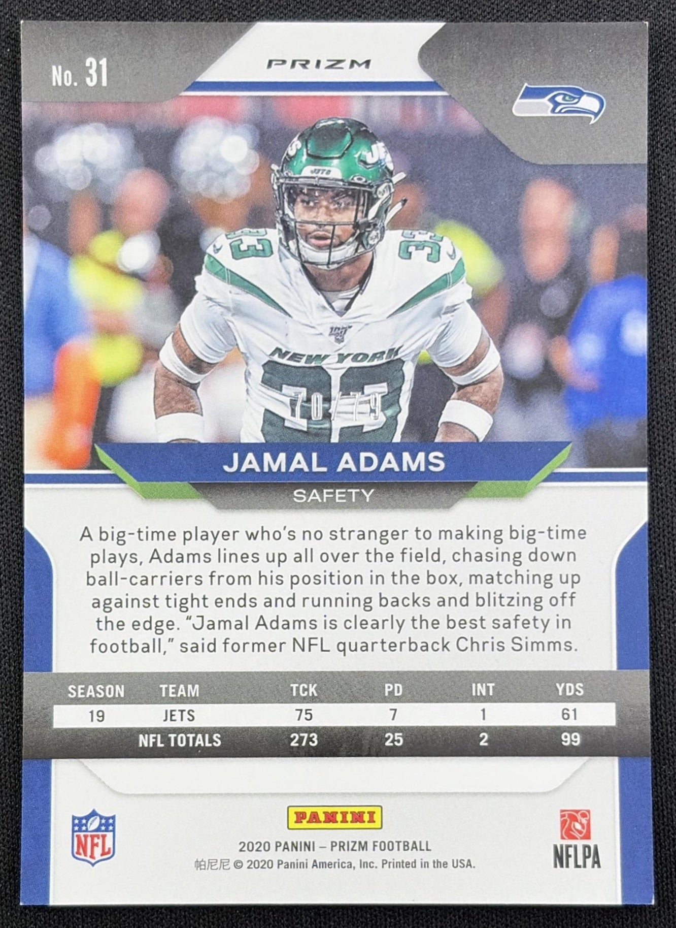 Jamal Adams 2020 Panini Prizm No Huddle Blue /79 Seahawks back