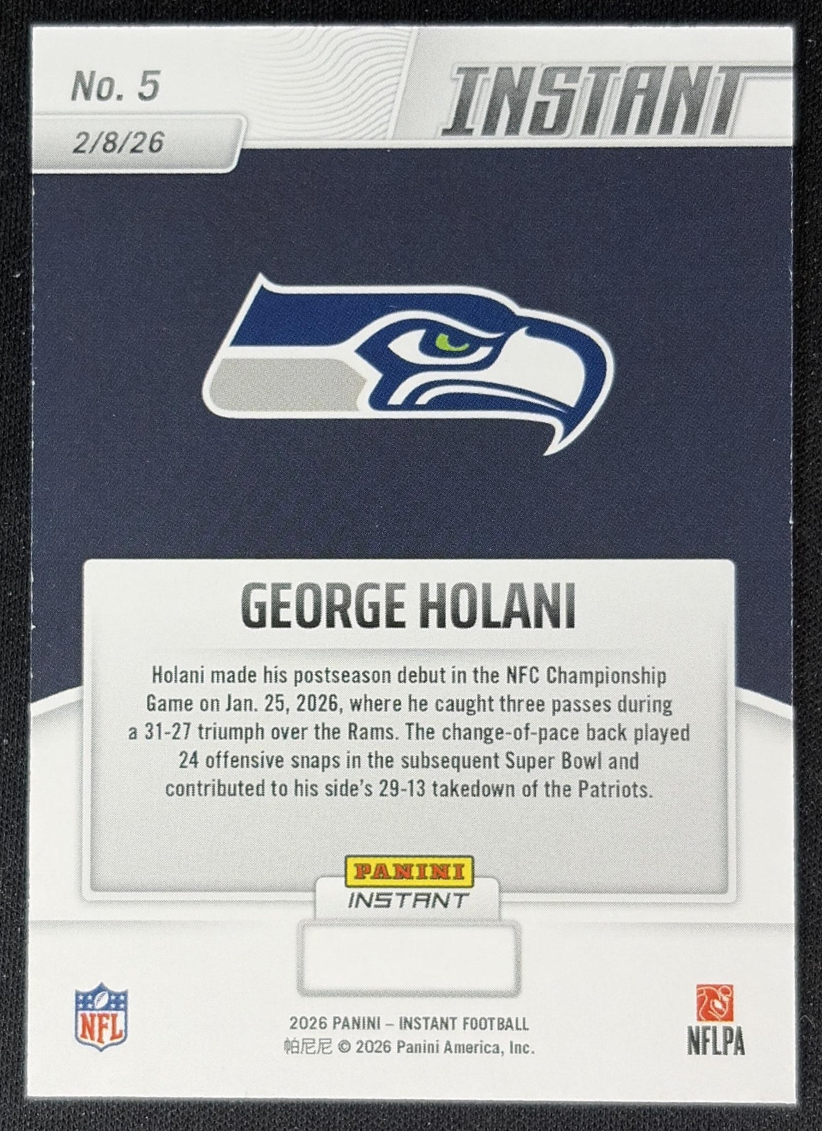 George Holani 2026 Panini Instant Super Bowl LIX Champions Seattle Seahawks back