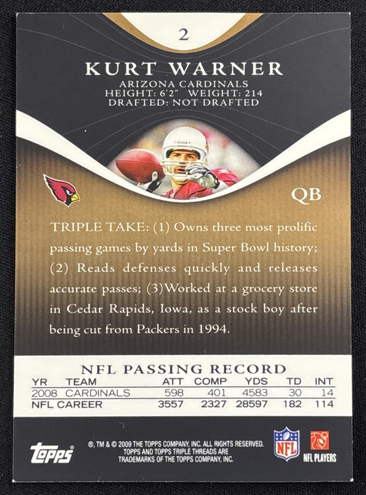 Kurt Warner 2009 Topps Triple Threads Sepia /249 Cardinals - Back