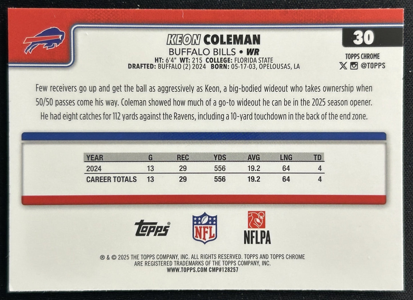 Keon Coleman 2025 Topps Chrome Bills