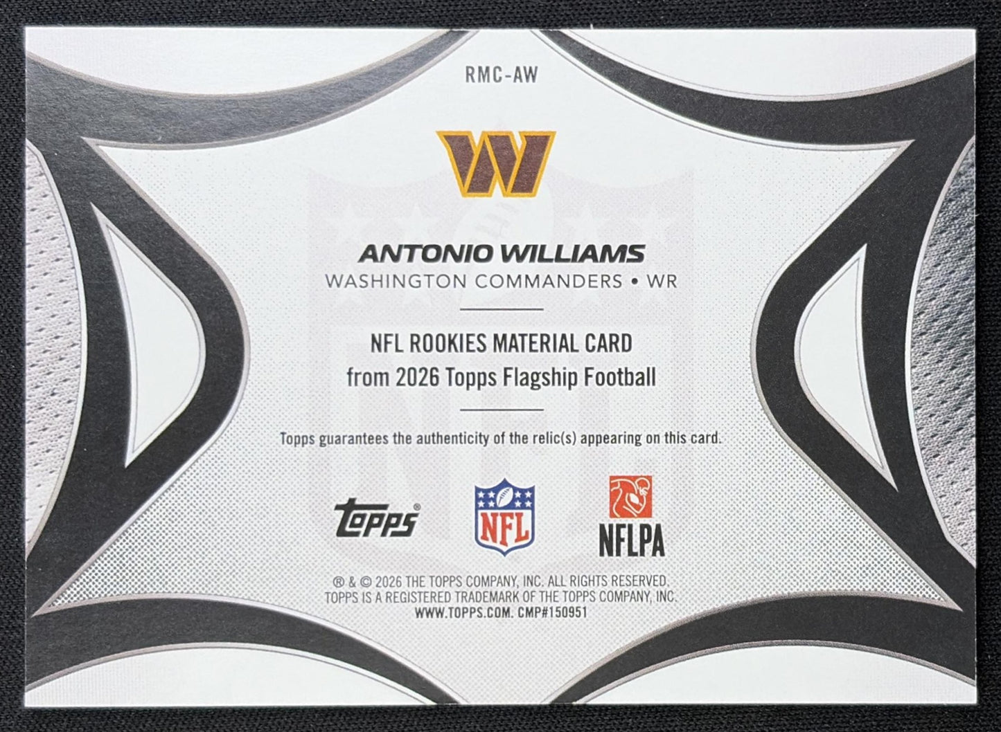 Antonio Williams 2026 Topps NFL Rookie Material Commanders back