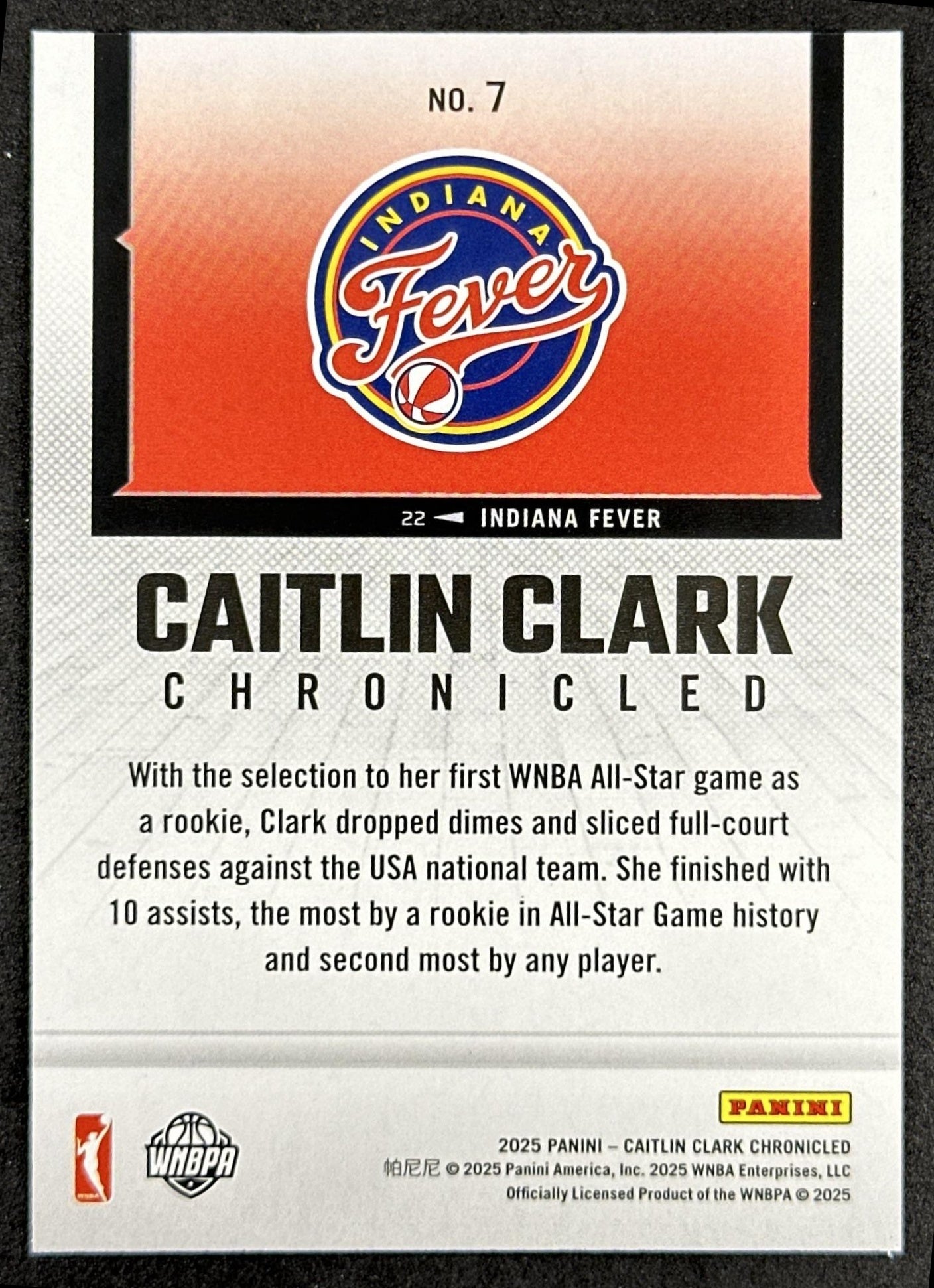 Caitlin Clark 2025 Panini Chronicled WNBA Holo Fever 7 Indiana Fever