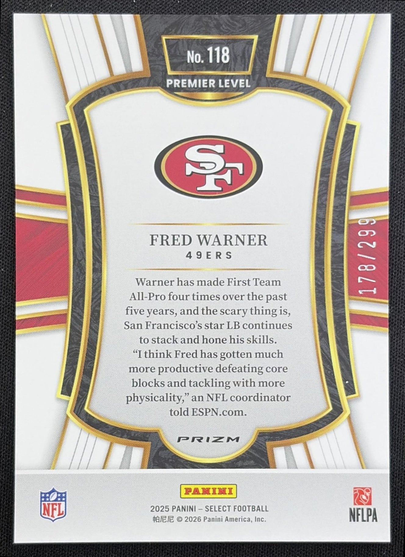 Fred Warner 2025 Panini Select Premier Level Tri-Color Prizm /299 49ers San Francisco 49ers back