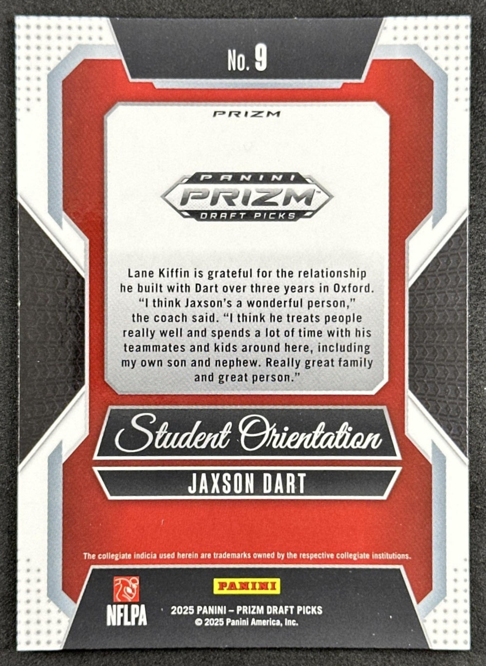 Jaxson Dart 2025 Panini Prizm Draft Picks Student Orientation Red Ice Rebels Giants