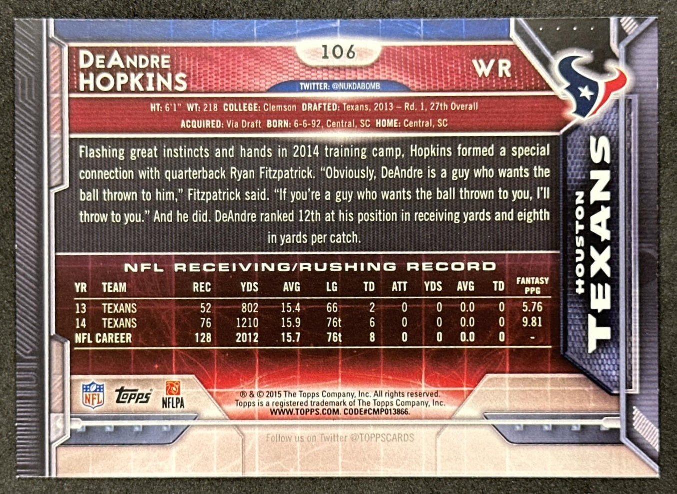 DeAndre Hopkins 2015 Topps Texans Houston Texans Sports Trading Card