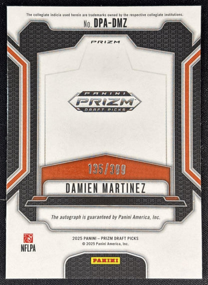 Damien Martinez 2025 Panini Prizm Draft Picks Auto Red /399 Hurricanes back