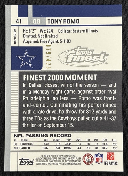 Tony Romo 2009 Topps Finest Blue Refractor /429 Cowboys Sports Trading Card