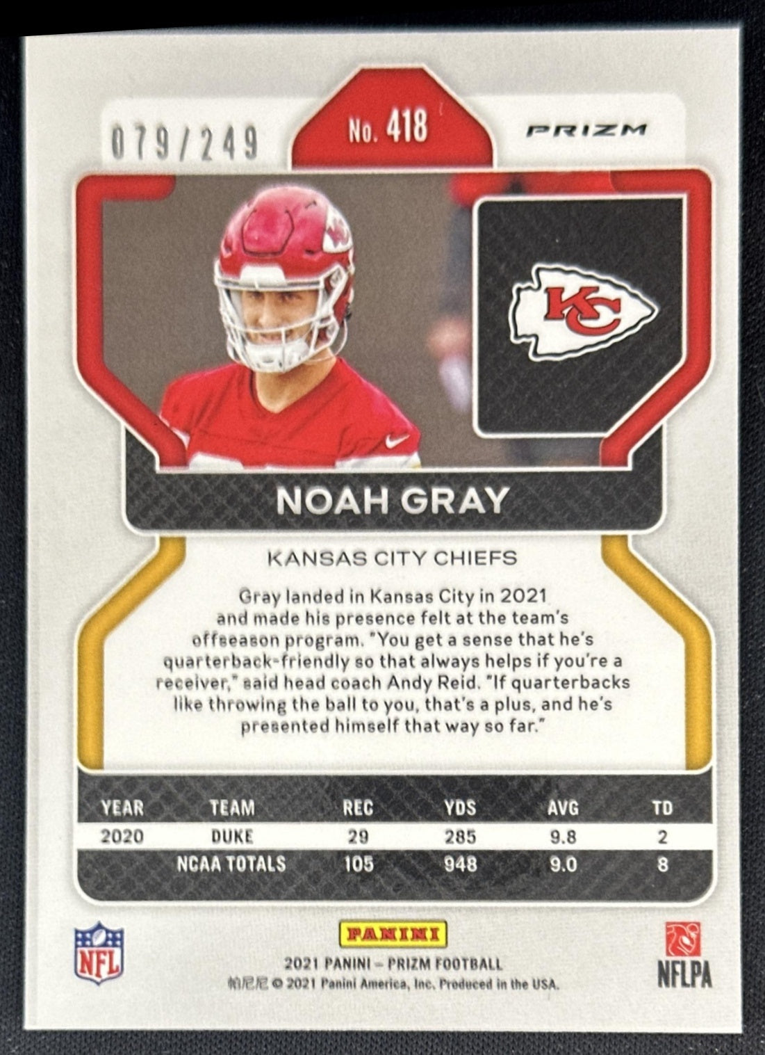 Noah Gray 2021 Panini Prizm Orange /249 Chiefs Sports Trading Cards