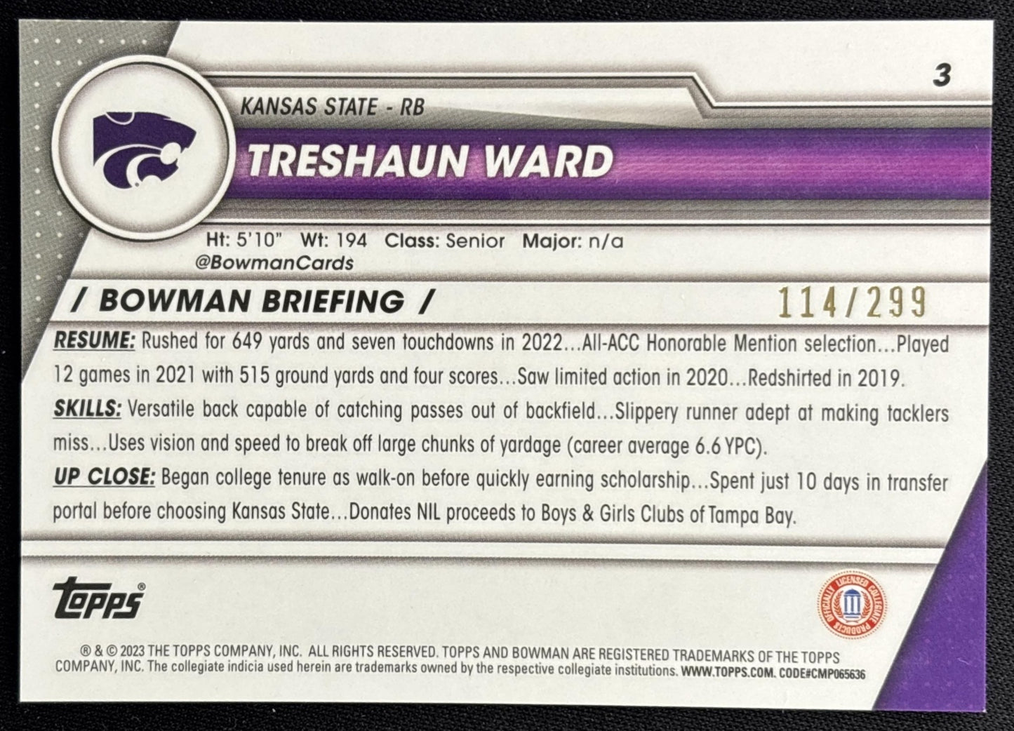 Treshaun Ward 2023 Bowman University Chrome Aqua Refractor /299 Wildcats back