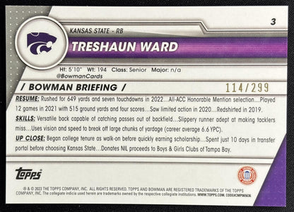 Treshaun Ward 2023 Bowman University Chrome Aqua Refractor /299 Wildcats back