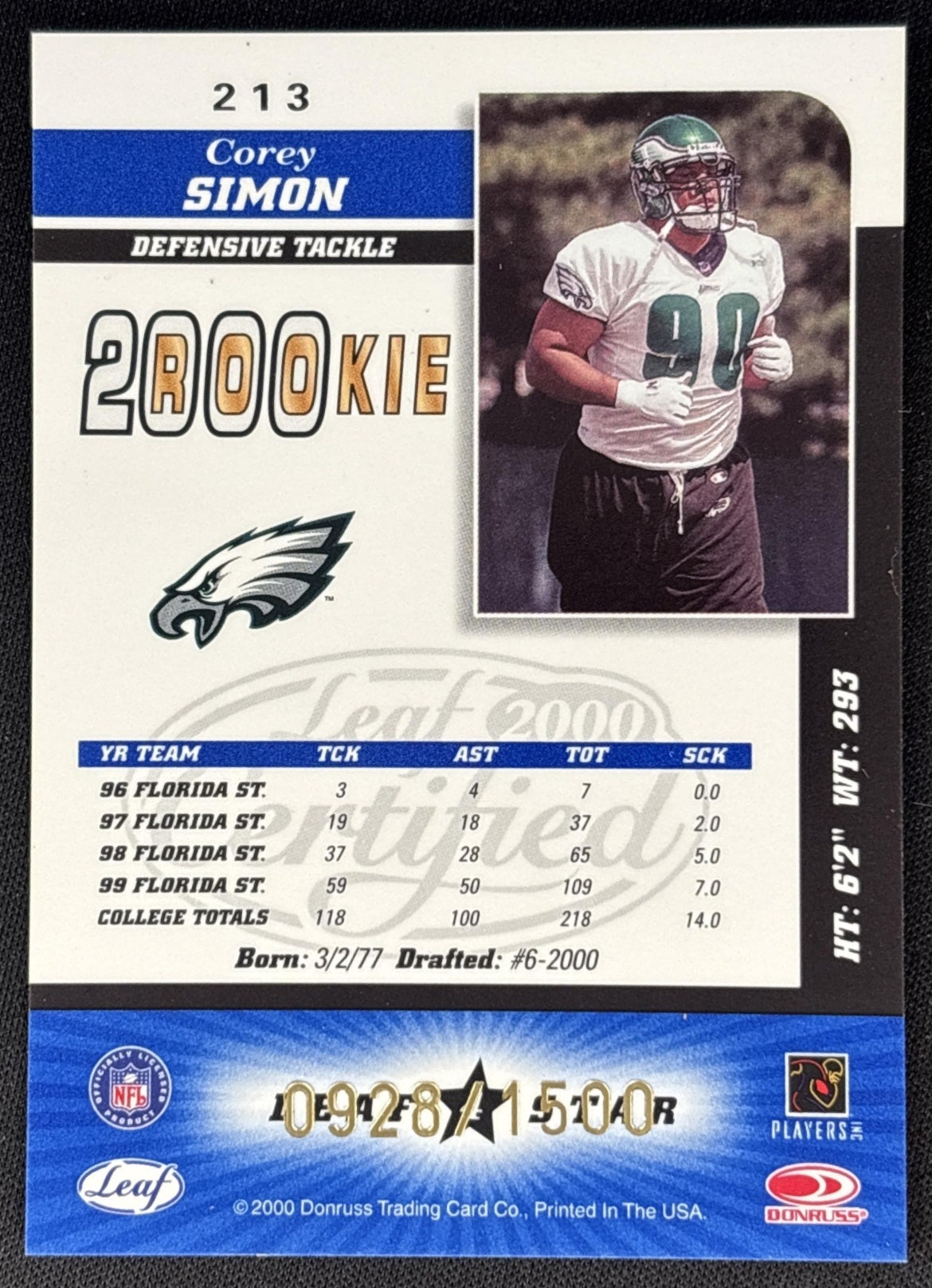 Corey Simon 2000 Leaf Certified /1500 Sports Trading Cards