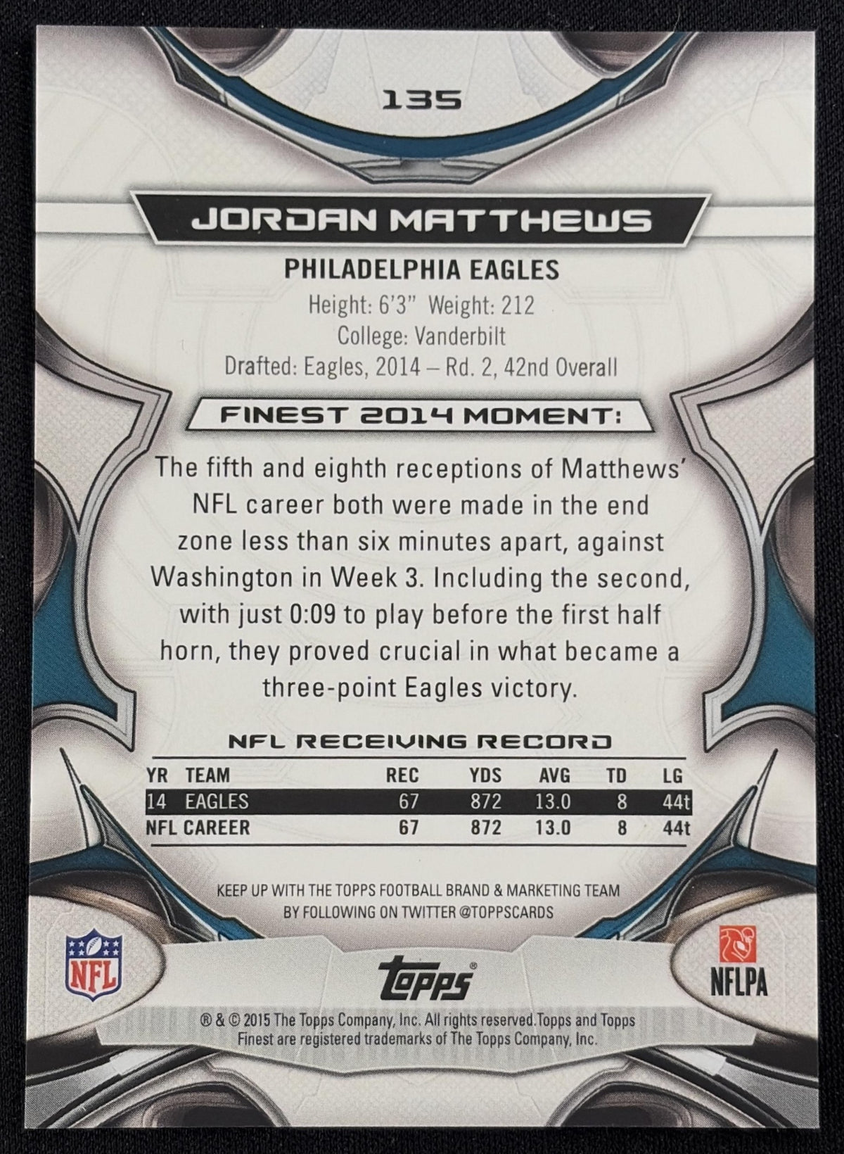 Jordan Matthews 2015 Topps Finest Gold Refractor /150 Eagles - Back