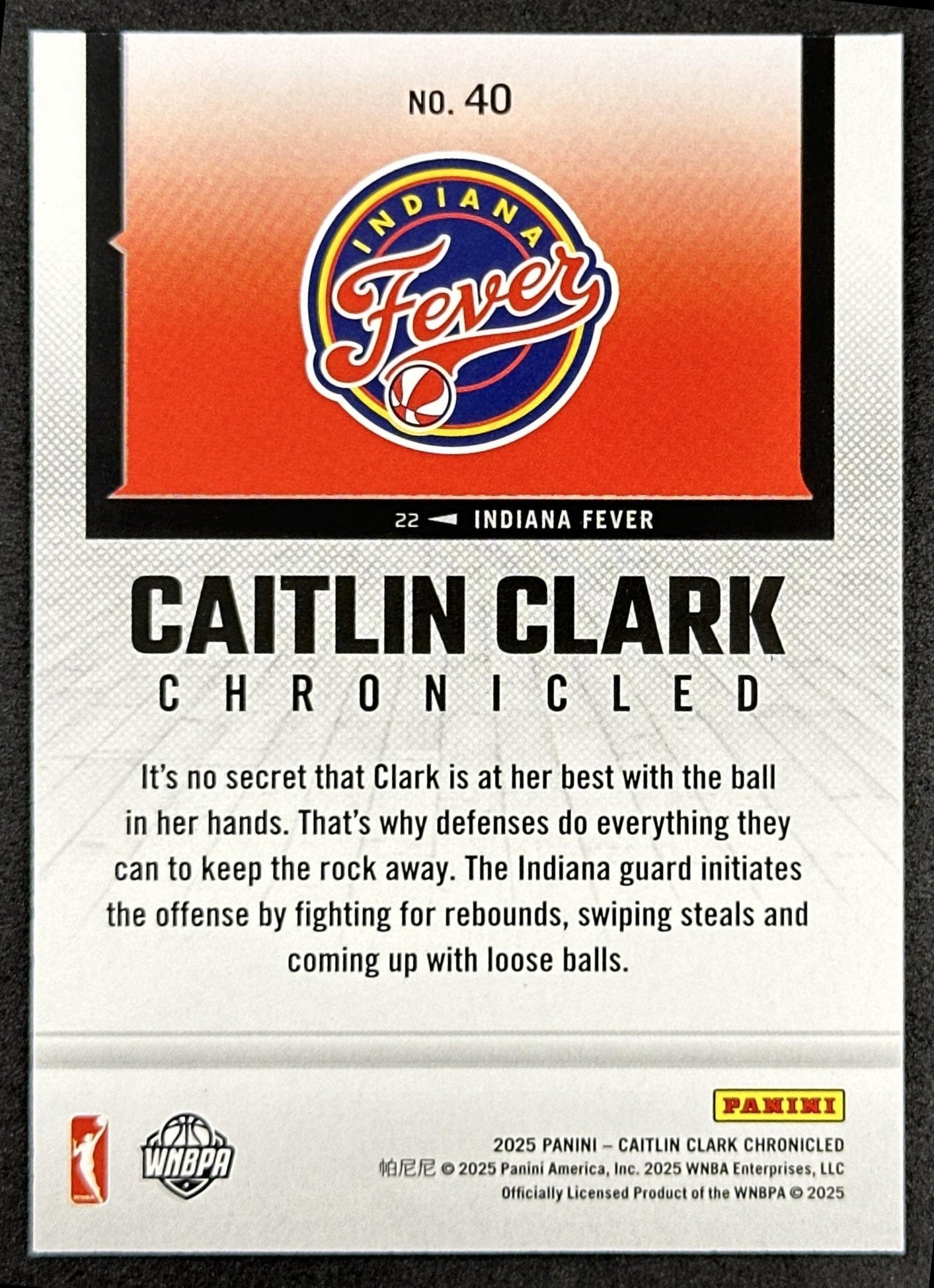 Caitlin Clark 2025 Panini Chronicled WNBA Holo Fever 40 Indiana Fever