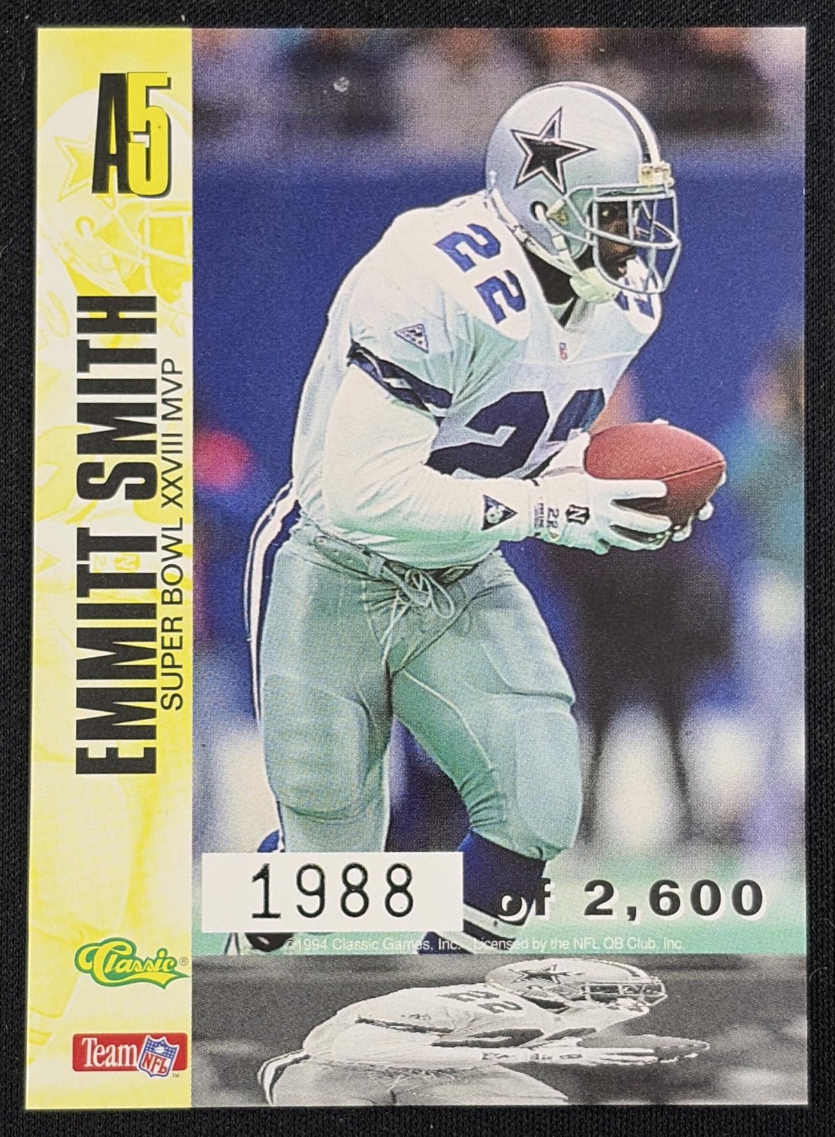 Back of Emmitt Smith 1994 Classic Images Cowboys sports trading card