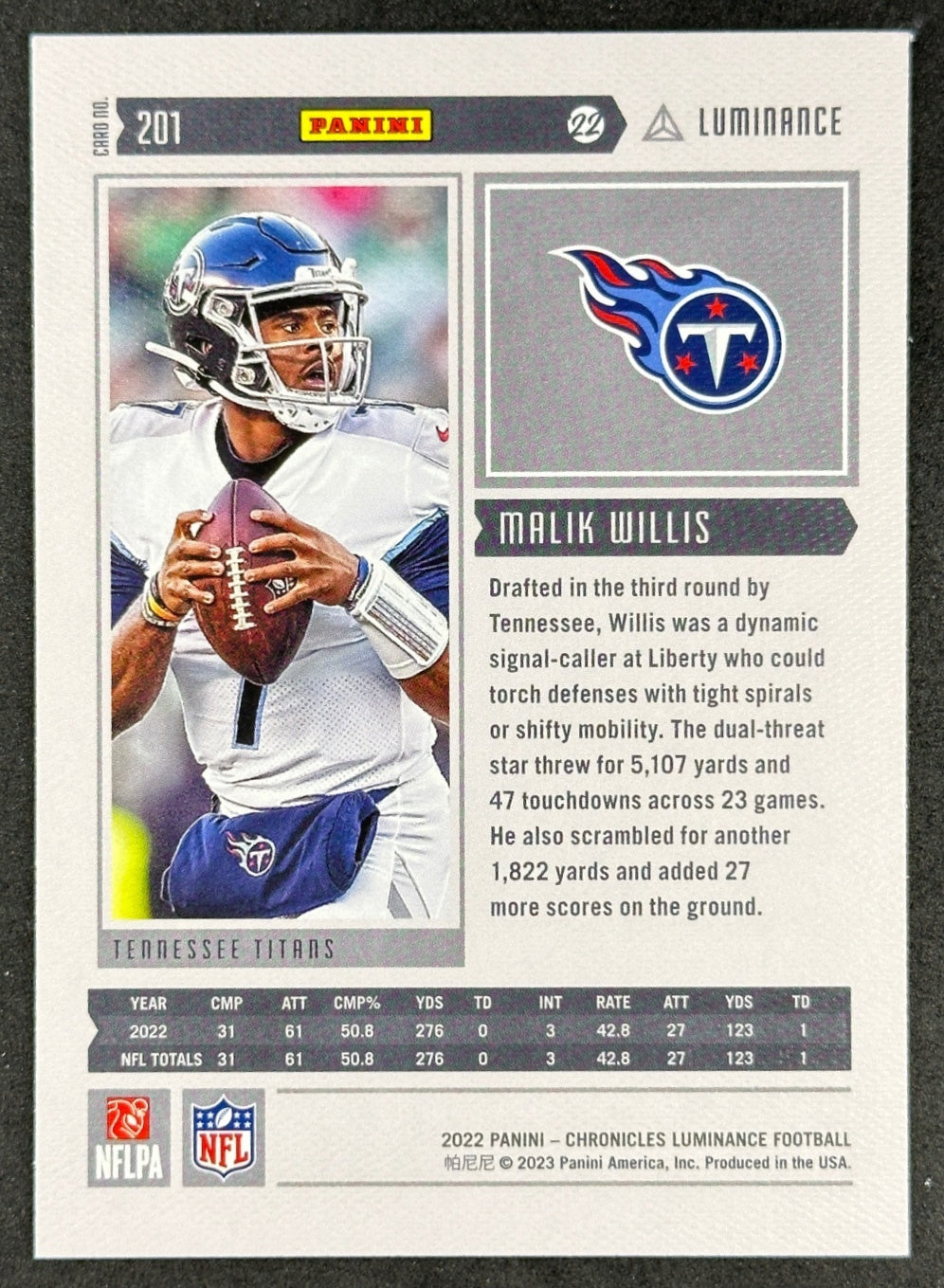 Malik Willis 2022 Chronicles Luminance Update Rookies Titans Dolphins Sports Trading Card
