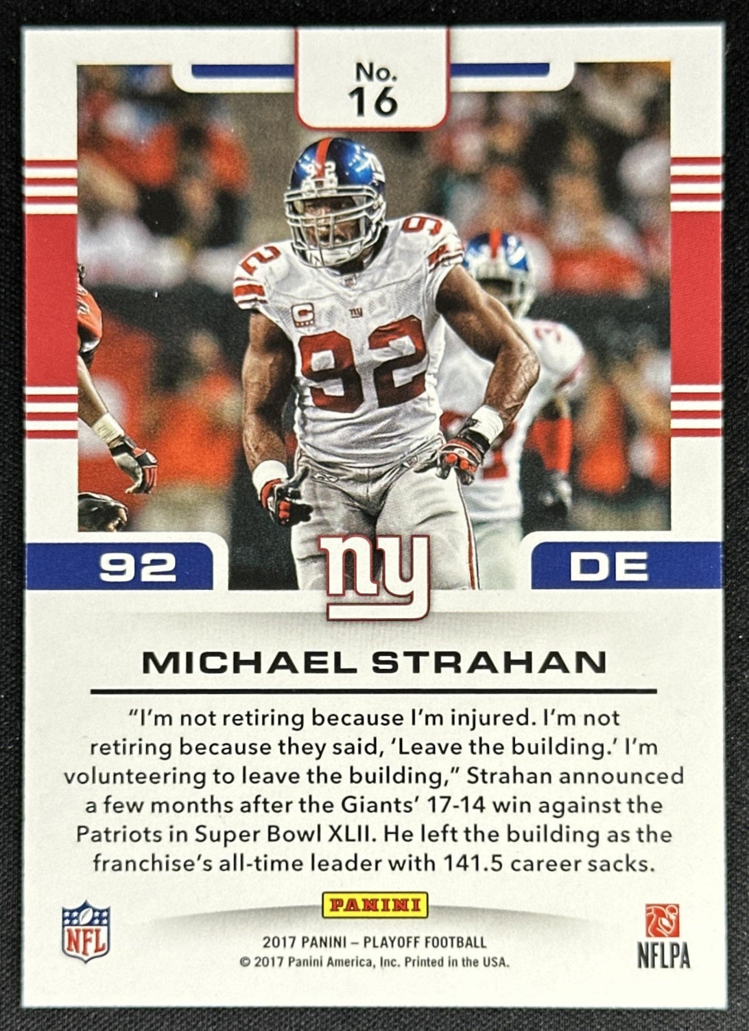 Michael Strahan 2017 Panini Playoff Gridiron Force 1st Prospect Down /99 Giants