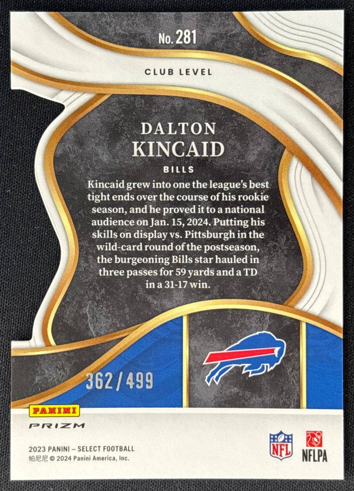 Dalton Kincaid 2023 Select Neon Green Prizms Die Cut /499 Bills back | Wayne Collection