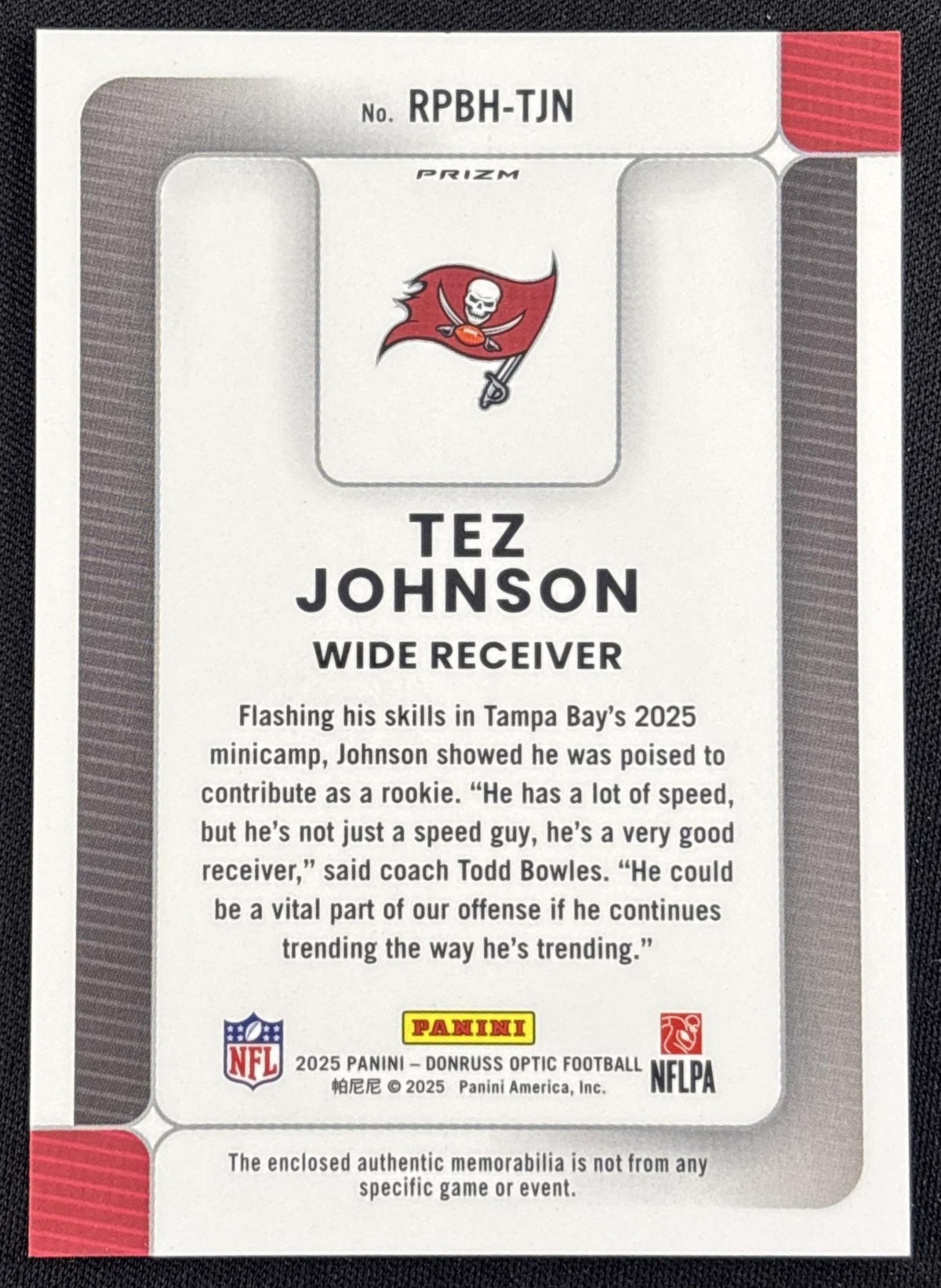Tez Johnson 2025 Panini Donruss Optic Rookie Phenoms Blue Hyper Prizm Buccaneers
