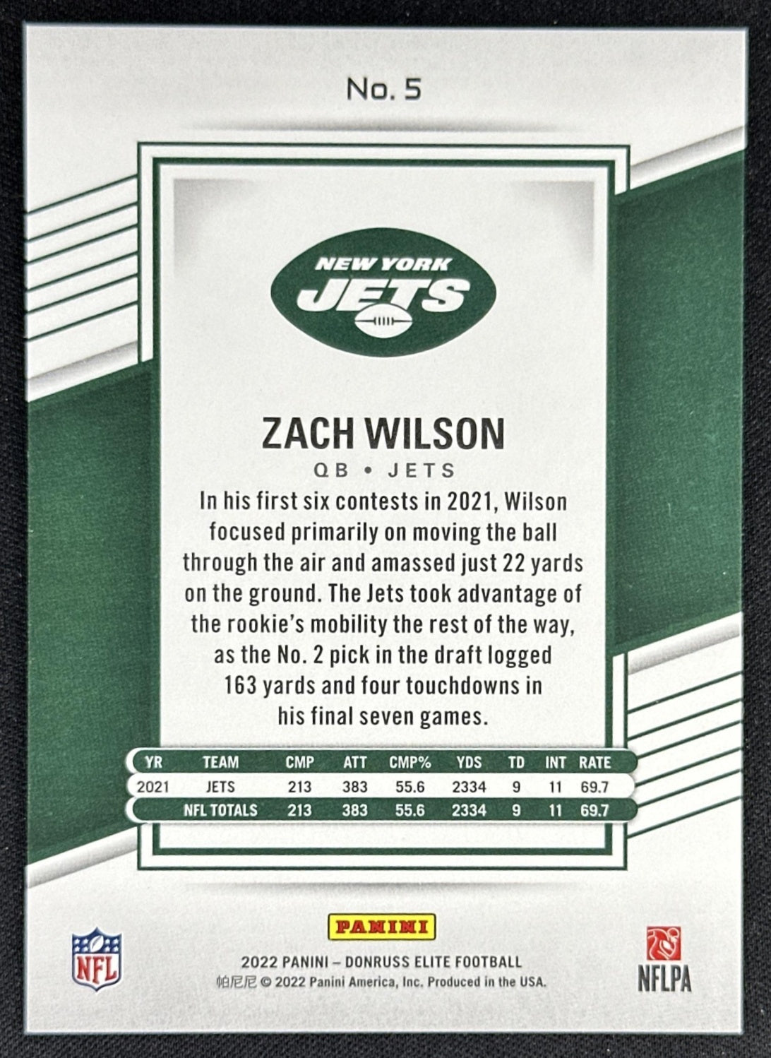 Zach Wilson 2022 Panini Donruss Elite Red /399 Jets Sports Trading Card