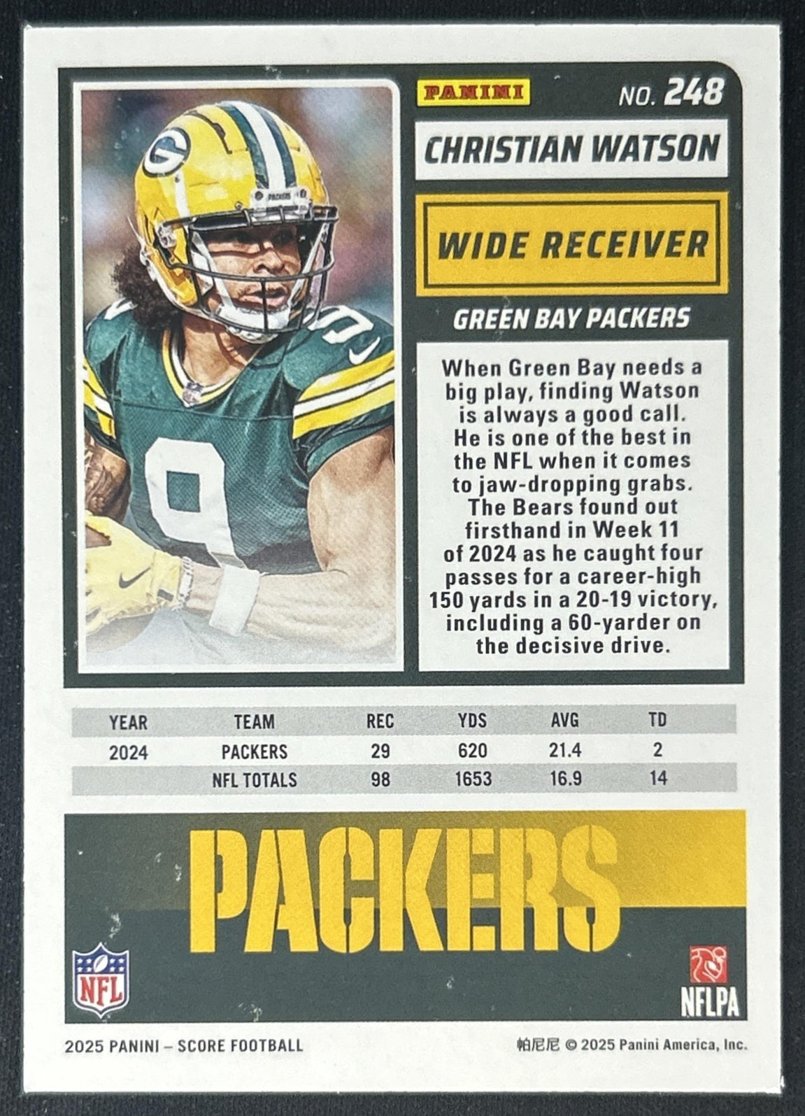 Christian Watson 2025 Panini Score Dots Gold /499 Packers back