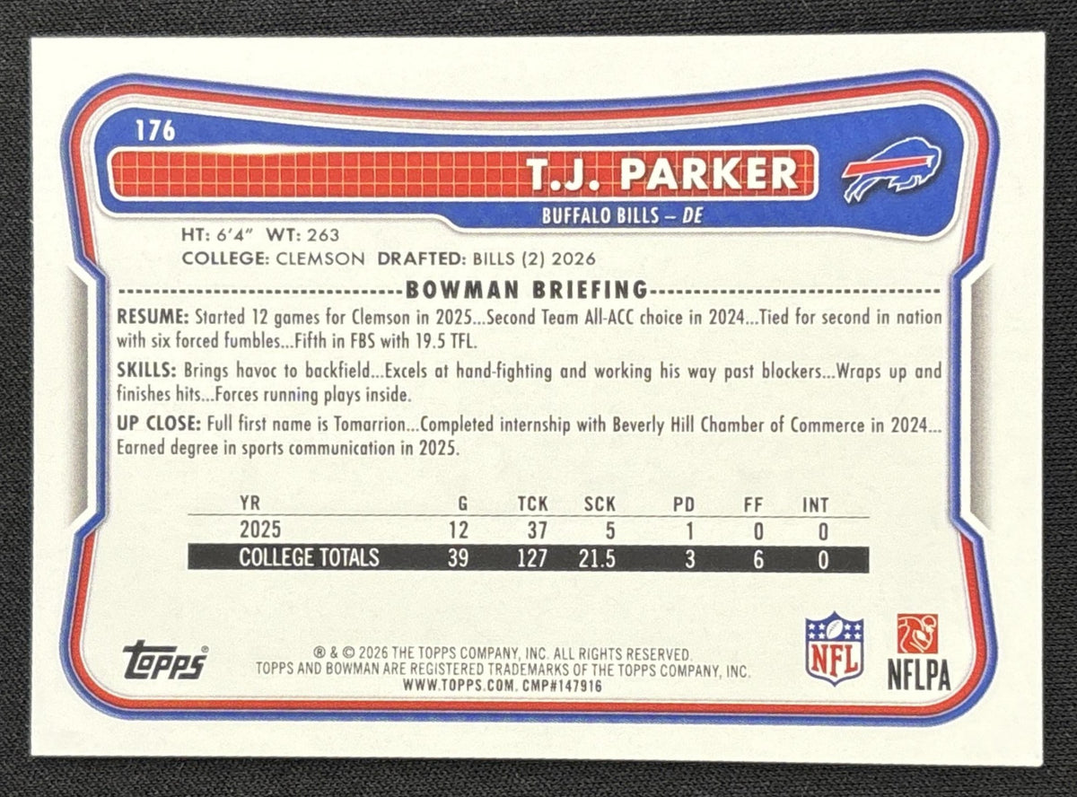 T.J. Parker 2026 Bowman NFL Pink /250 Bills Sports Trading Card