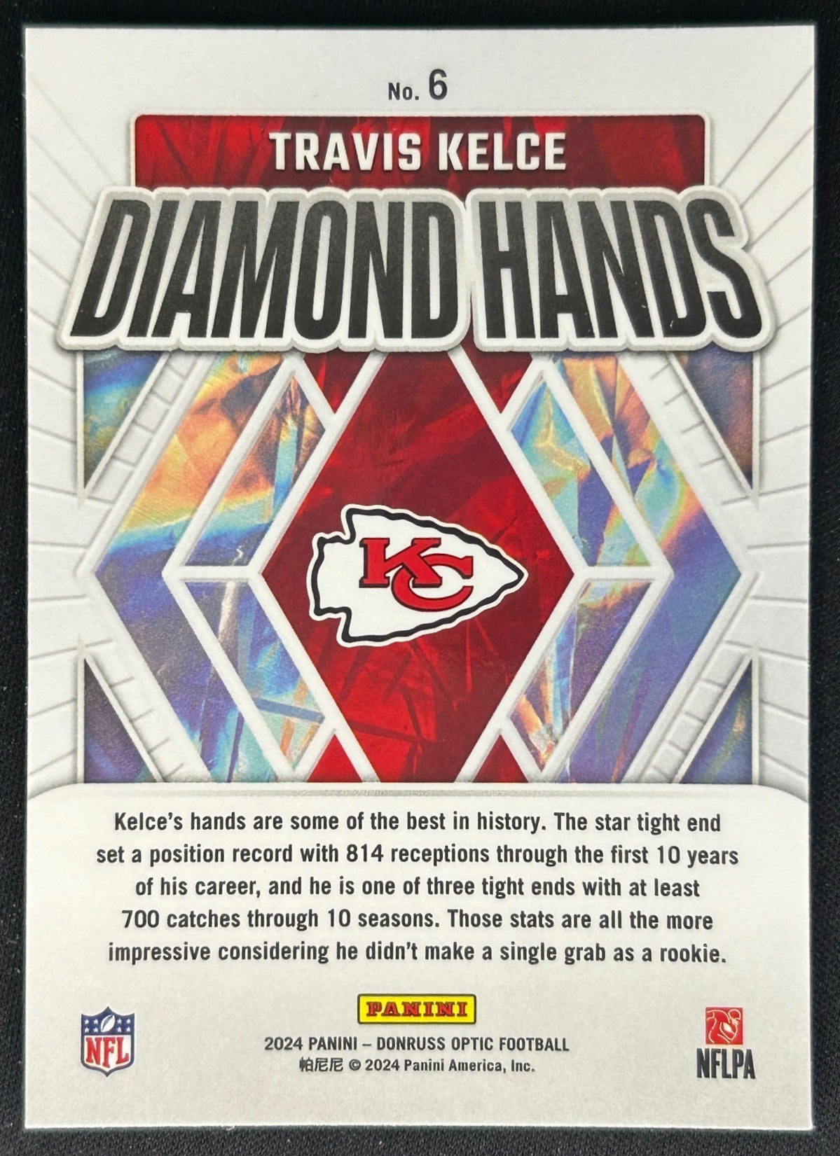 Travis Kelce 2024 Panini Donruss Optic Diamond Hands Chiefs Sports Trading Cards