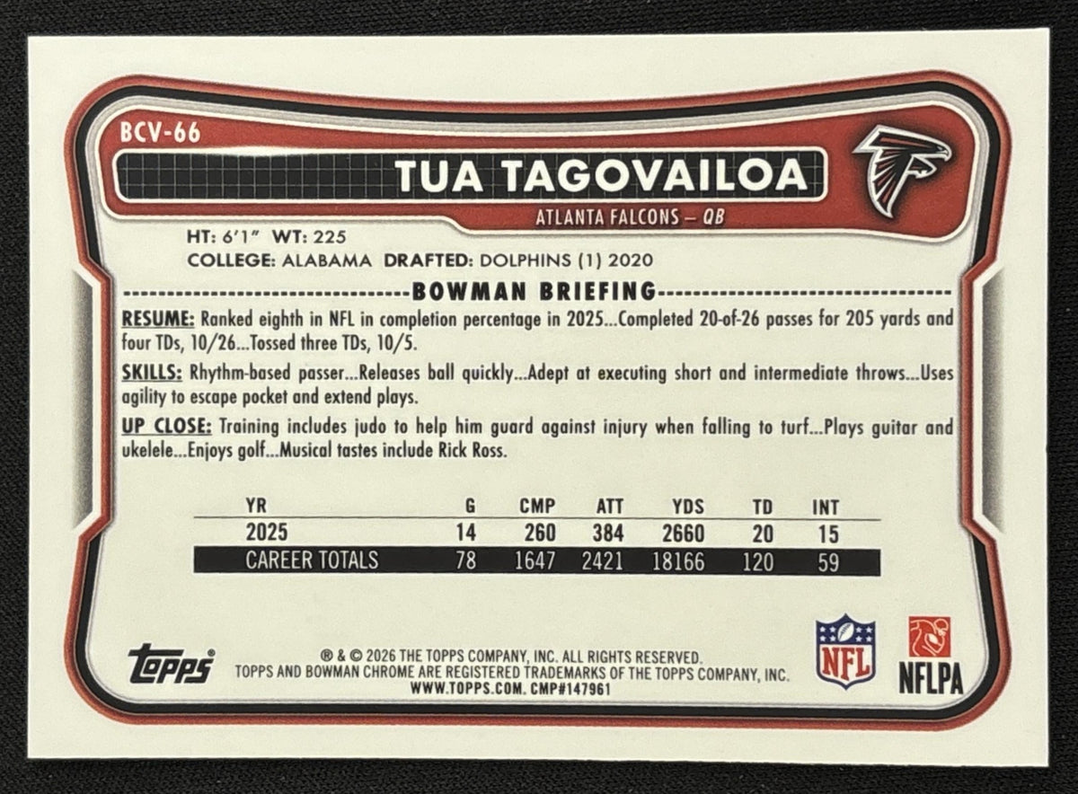 Tua Tagovailoa 2026 Bowman Chrome NFL Purple Mojo Refractor /75 Falcons - back