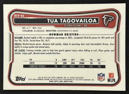 Tua Tagovailoa 2026 Bowman Chrome NFL Purple Mojo Refractor /75 Falcons - back
