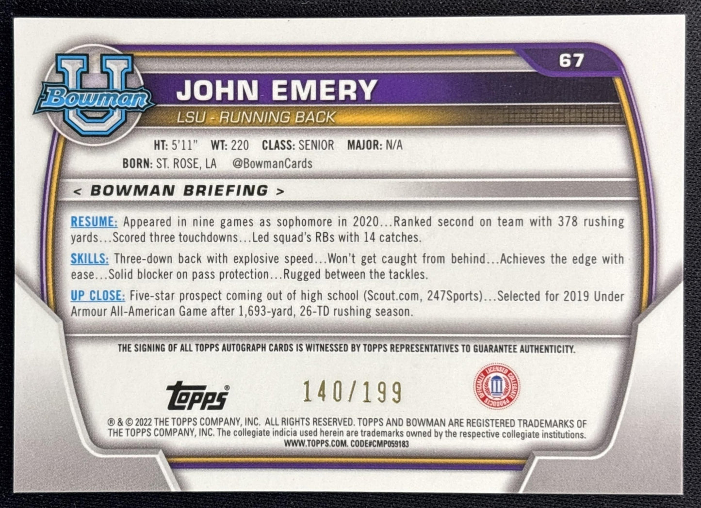 John Emery 2022 University Chrome Prospect Auto Lava Refractor /199 Tigers Back