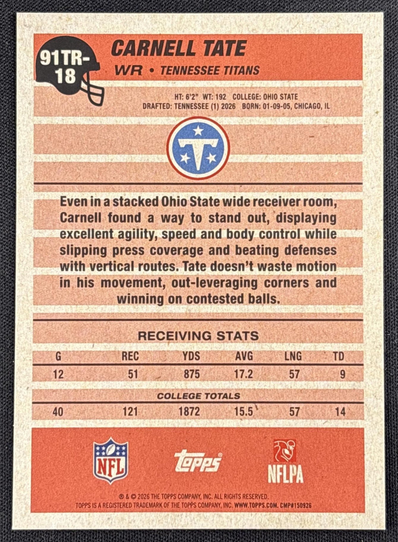Carnell Tate 2026 Topps 1991 Rookie Pink /1000 Titans