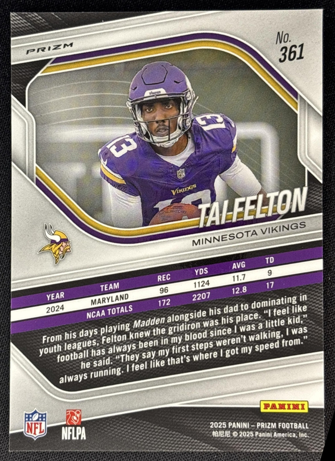 Tai Felton 2025 Panini Prizm Red White & Blue Vikings back