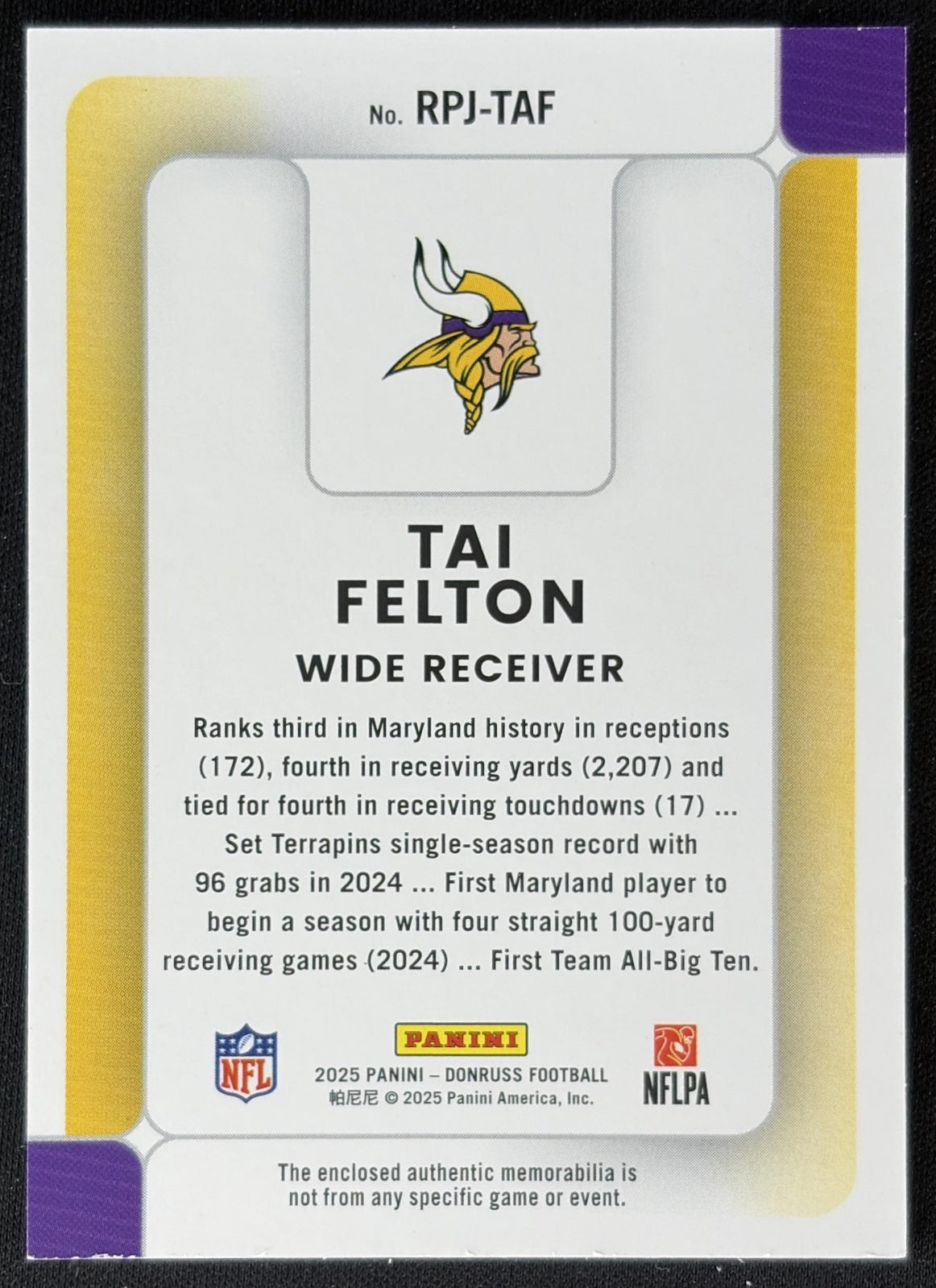 Tai Felton 2025 Panini Donruss Rookie Phenom Jerseys Vikings back
