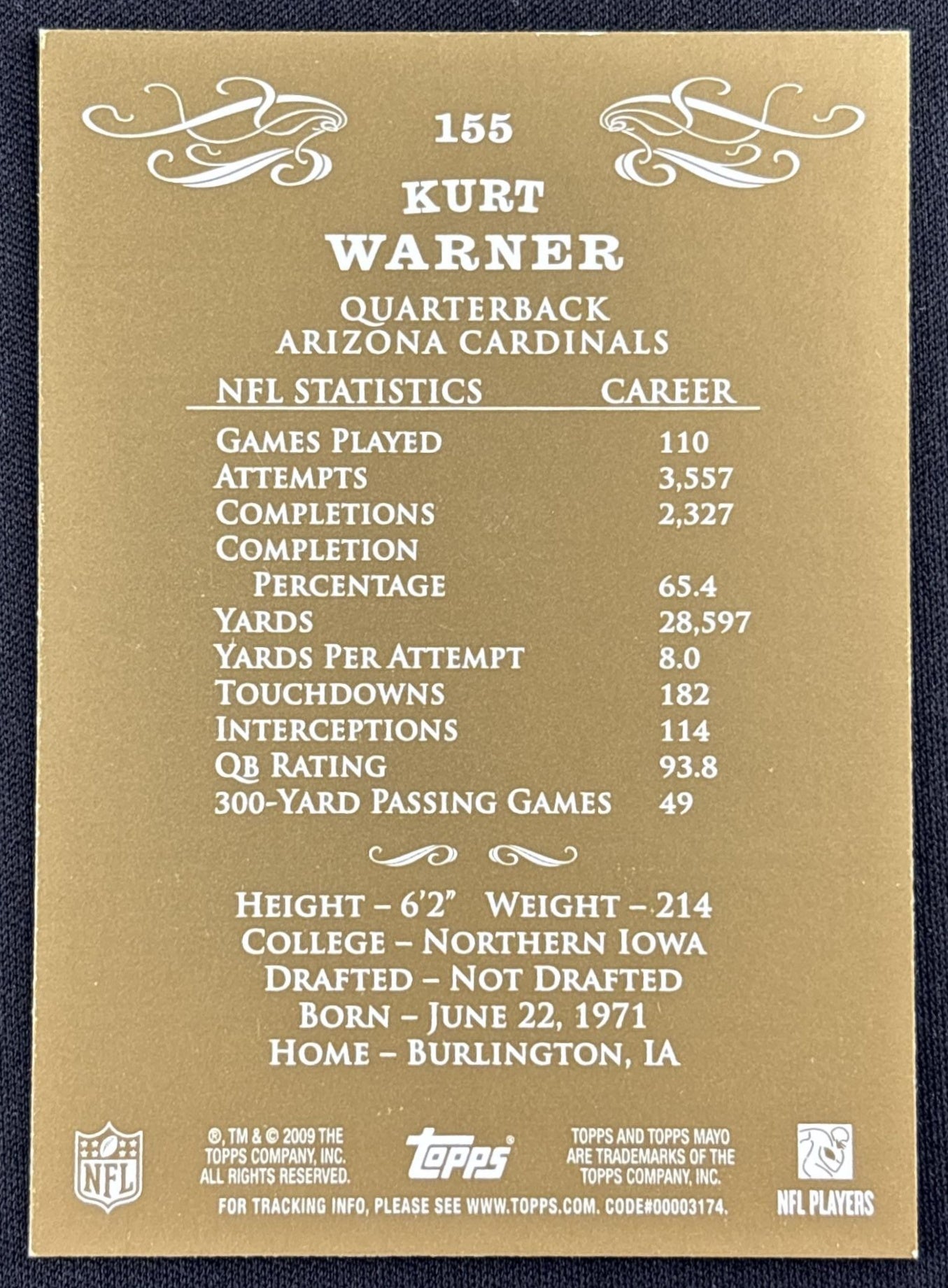 Kurt Warner 2009 Topps Mayo Cardinals