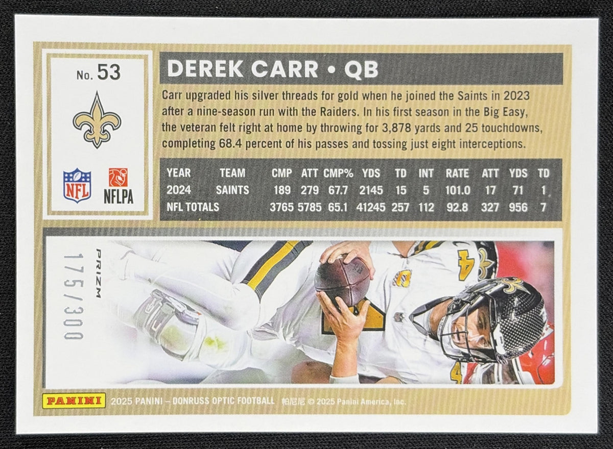 Derek Carr 2025 Panini Donruss Optic Wave Prizm /300 Saints back