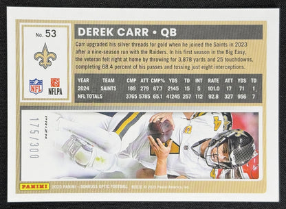 Derek Carr 2025 Panini Donruss Optic Wave Prizm /300 Saints back