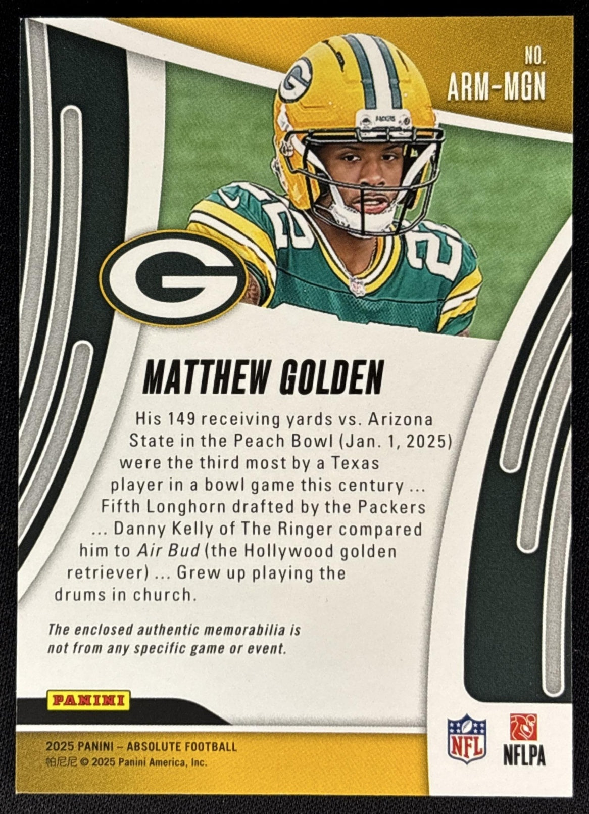 Matthew Golden 2025 Panini Absolute Rookie Materials Packers back