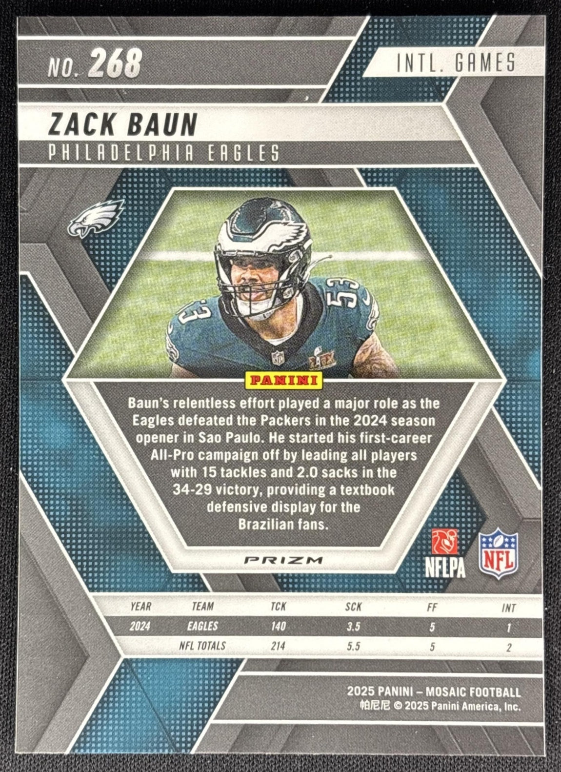 Zack Baun 2025 Panini Mosaic International Games Reactive Blue Prizm Eagles Sports Trading Cards