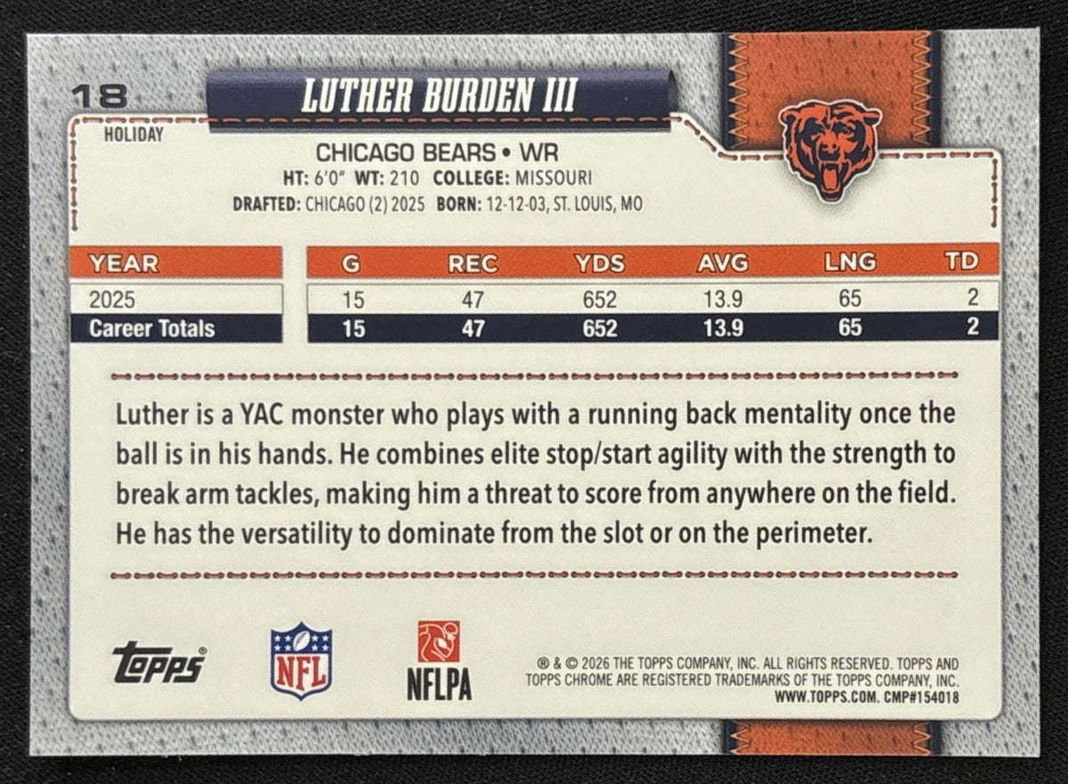 Luther Burden III 2026 Topps Holiday Chrome Bears - Back