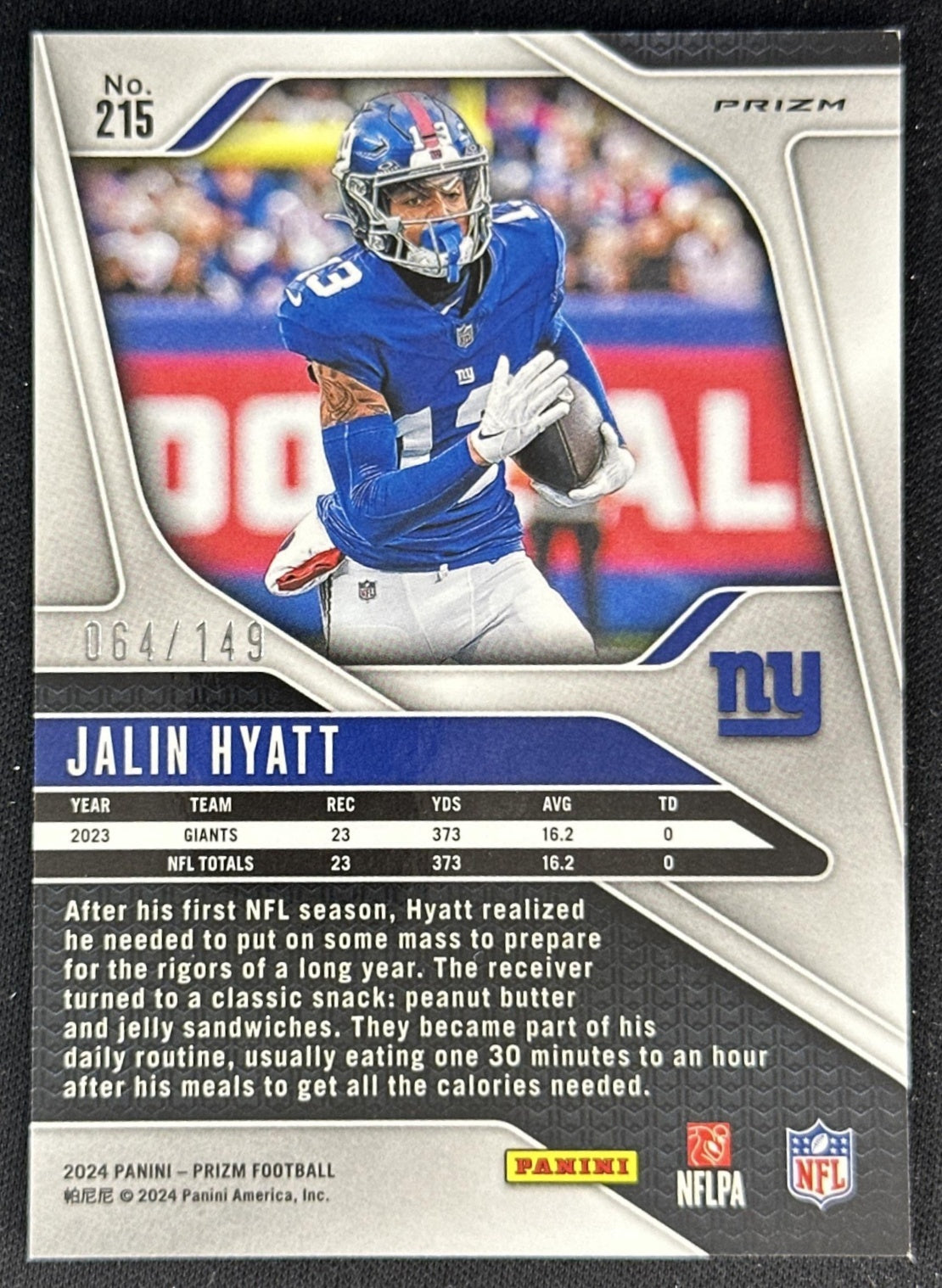 Jalin Hyatt 2024 Panini Prizm Red Wave /149 Giants back