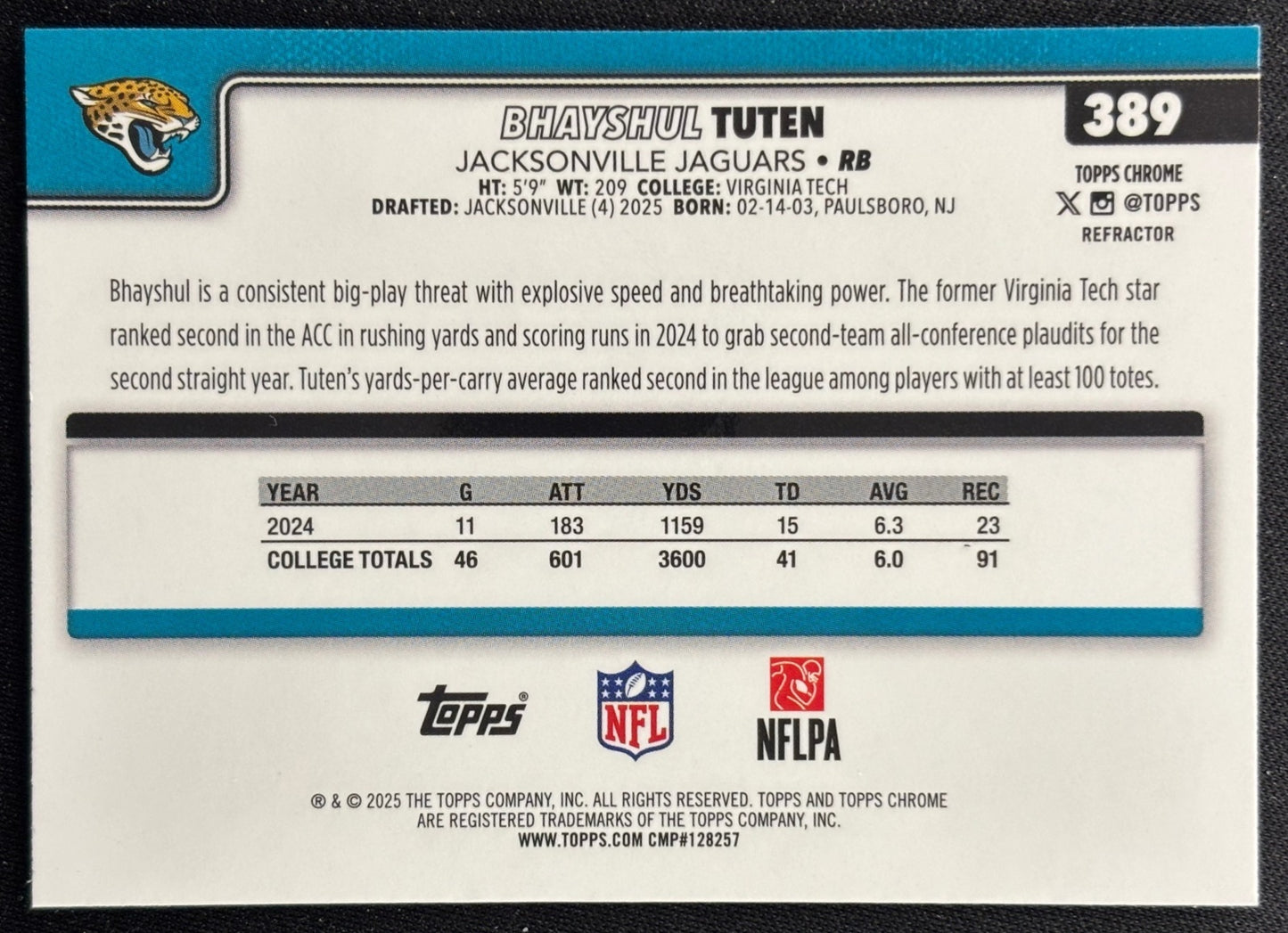 Bhayshul Tuten 2025 Topps Chrome Rookie Refractor Jaguars Sports Trading Cards