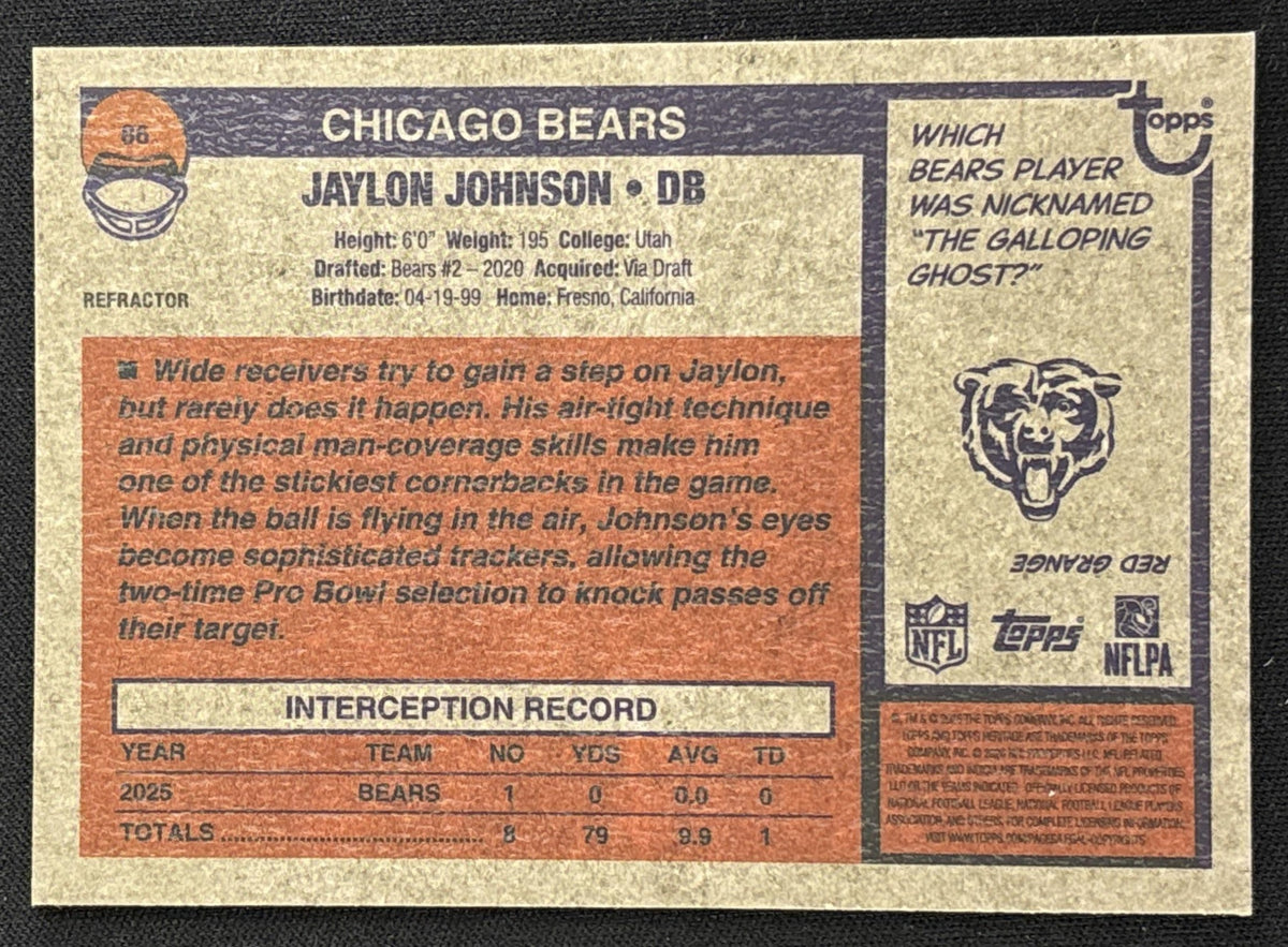 Jaylon Johnson 2026 Topps Heritage Bears Sports Trading Card
