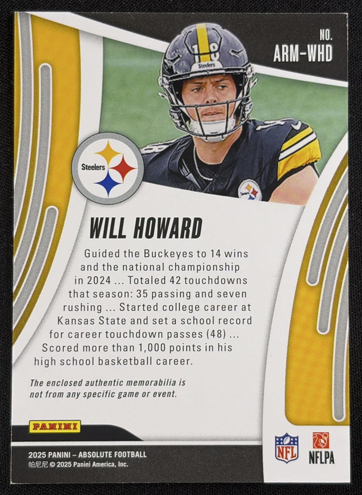 Will Howard 2025 Panini Absolute Rookie Materials Steelers Sports Trading Card