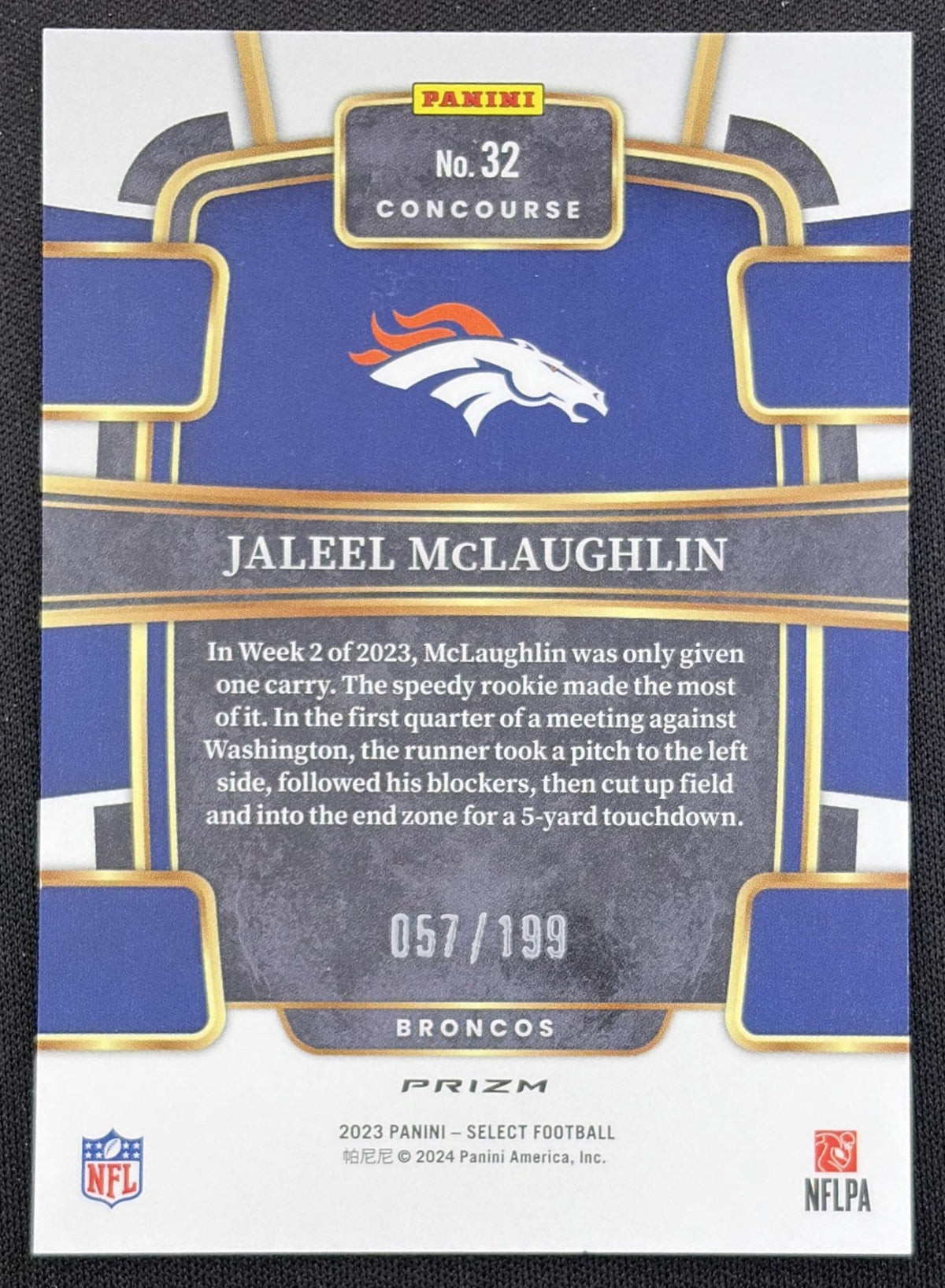 Jaleel McLaughlin 2023 Panini Select Blue Prizms /199 Broncos