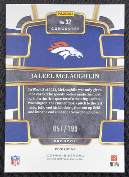Jaleel McLaughlin 2023 Panini Select Blue Prizms /199 Broncos