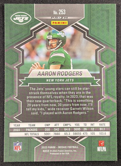 Aaron Rodgers 2023 Panini Mosaic Reactive Blue Mosaic Jets