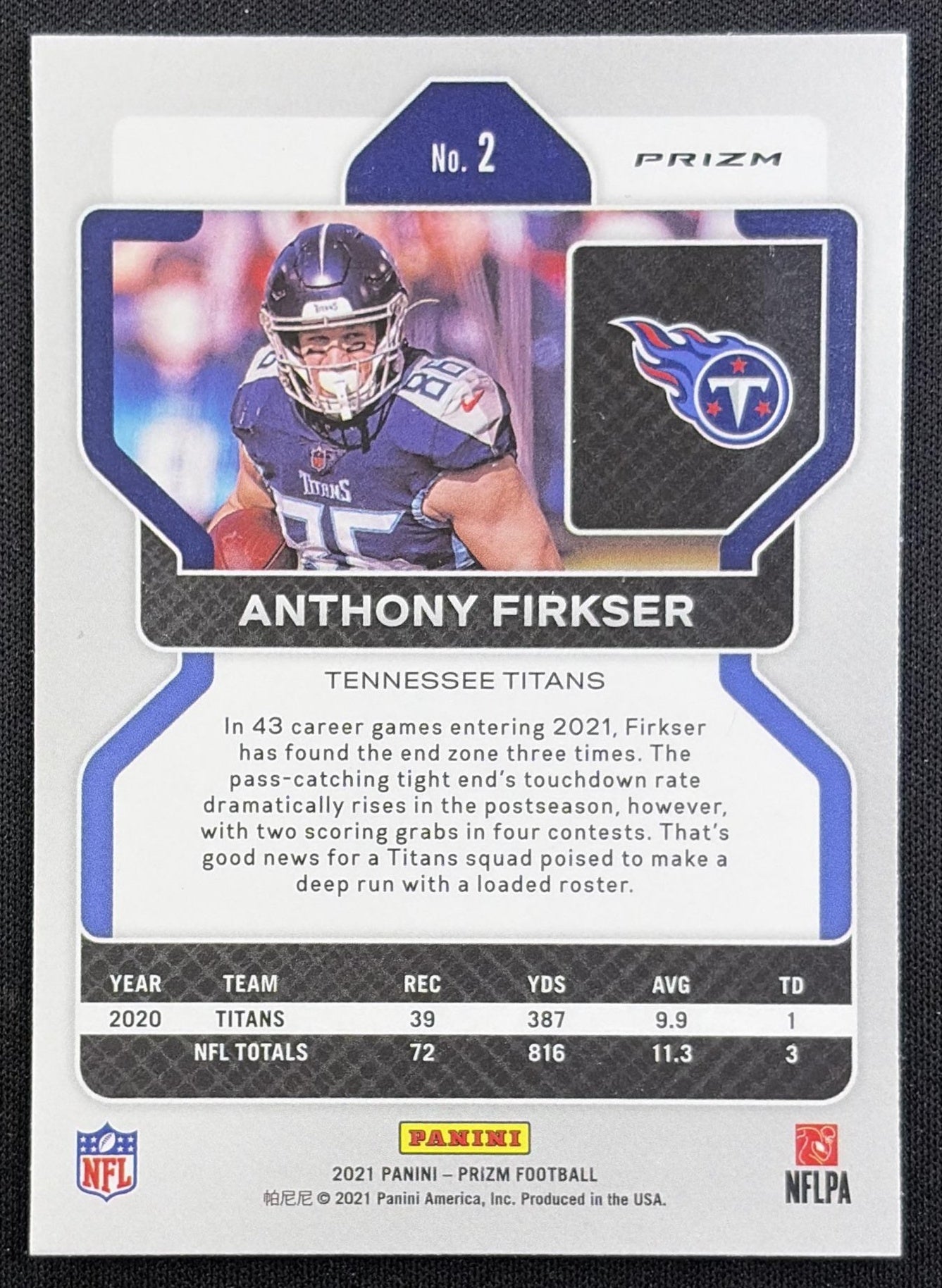Anthony Firkser 2021 Panini Prizm Light Blue Titans back
