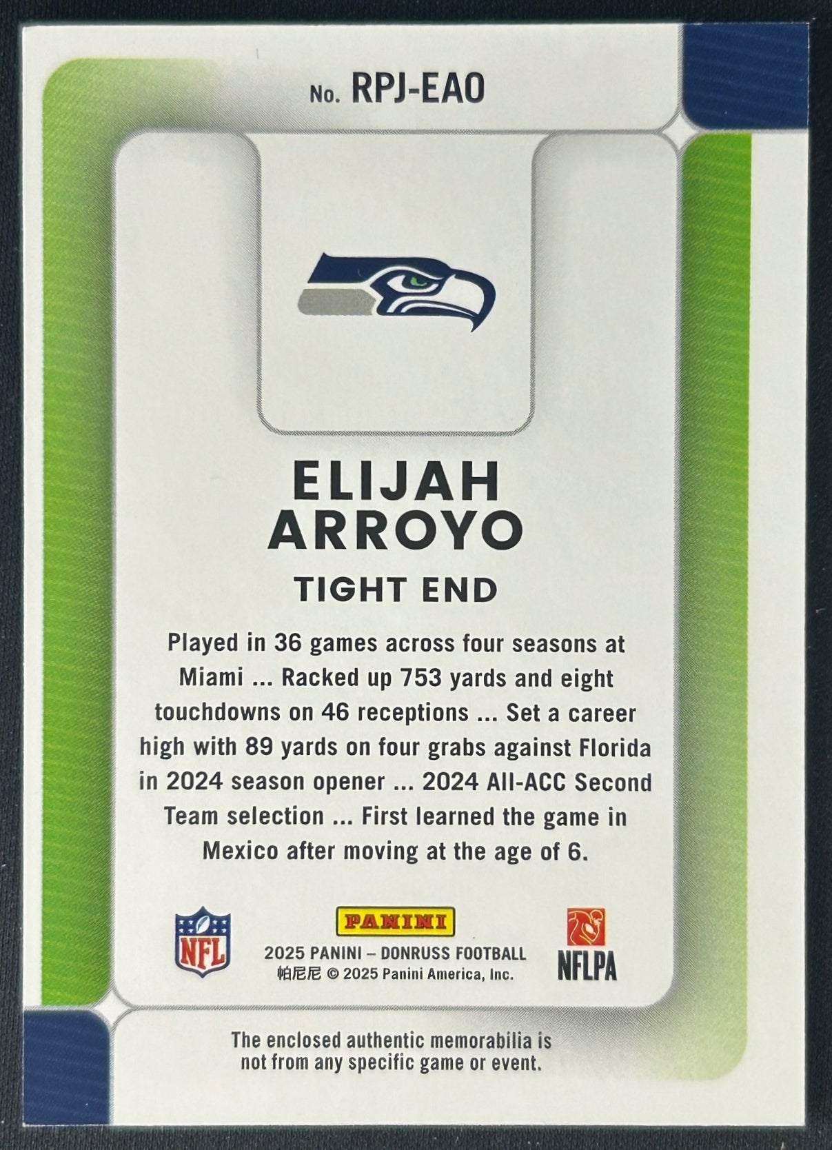 Elijah Arroyo 2025 Donruss Rookie Phenom Jerseys Seahawks Sports Trading Card